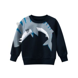 Boys Casual Round Neck Long Sleeve Cartoon Shark Plush Sweatshirt