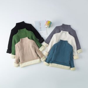 Boys Casual Long Sleeve Vertical Striped Fleece-lined Knitwear