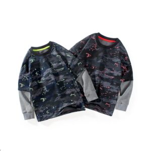 Boys Casual Long Sleeve Round Neck Camouflage Splice T-Shirt