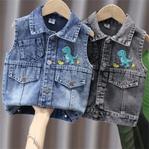 Boys Fashion Dinosaur Pattern Single-breasted Denim Vest