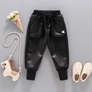 Boys Simple Solid Color PU Jogger Pants