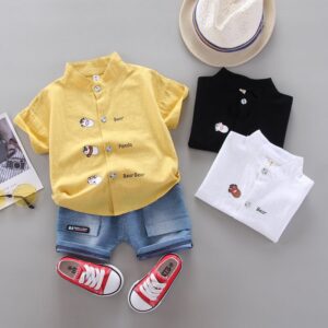 Boys Cute Cartoon Pattern Single-breasted Shirt And Denim Shorts