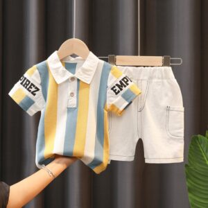 Boys Fashion Letter Pattern Striped T-Shirt And Shorts Set