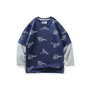 Boys Fashion Long-sleeves Cartoon Pattern Fake Two Piece T-Shirt