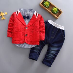 Boys Lapel Design Striped Shirt Cartoon Pattern Coat And Pants Set