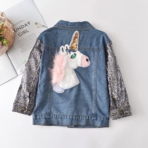 Girls Sequins Long Sleeves Cartoon Printed Denim Jacket