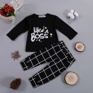 Fashion Boy Print Long Sleeve Top And Plaid Trousers Set
