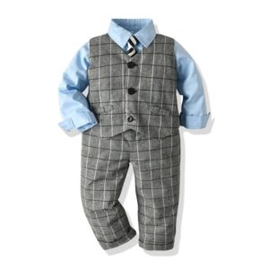 Hot Sale Boy Grey Plaid Vest And Pant And Blue Shirt With Tie