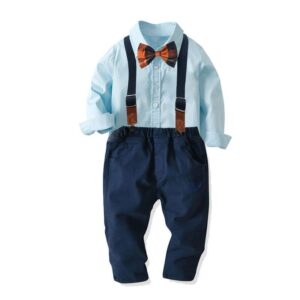 New Arrival Boy Solid Color Shirt And Pant With Bowtie And Suspender