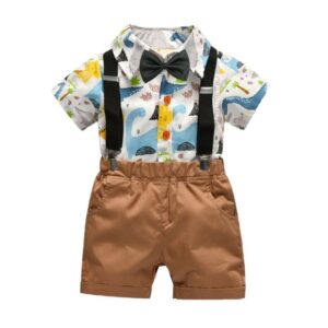 4 Pcs Boy Cotton Cartoon Shirt And Shorts And Bowtie Suspender