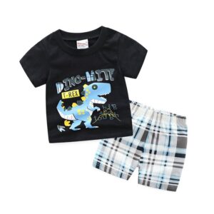New Arrival 2Pcs Set Plaid Shorts And Black Cotton Cute Dinosaur Printed Boys Slim Fit Funny T-Shirts