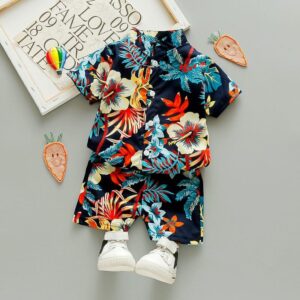 Boys Fashion Leaves Flower Printed Shirt And Shorts Set