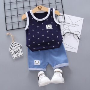 Kids Baisc Round Neck Vest Cartoon Pattern Vest And Shorts Set
