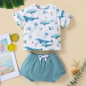 Toddlers Newborn Baby Fashion Boys Short Sleeve Ocean Shark Jellyfish Print T- Shirt And Shorts 2pcs Set