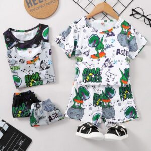 Boys Casual Cartoon Dinosaur Letter Pattern Round Neck Short-sleeved T-Shirt And Shorts Set