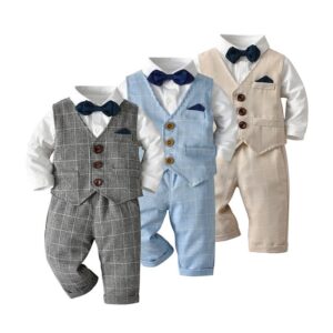 Kids Toddler Boys Spring Autumn Fashion Casual British Style Bow Waistcoat Lapel Shirt Plaid Trousers Boys Party Clothing Set