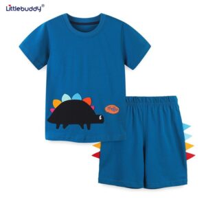 Children Kids Baby Fashion Boys Casual Basic Short Sleeve Cartoon Dinosaur Print T-Shirt And Shorts 2pcs Set