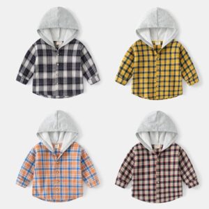 Children Kids Toddlers Boys Long Sleeve Plaid Hooded Shirts