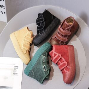 Kids Casual Solid Color Corduroy High-top Velcro Shoes