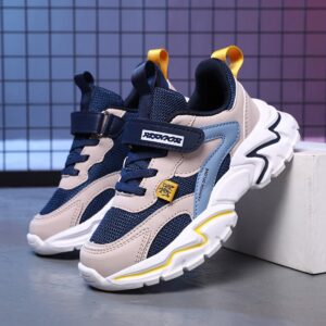 Kids Unisex Fashion Casual Color Matching Breathable Mesh Leather Preppy Lace-Up Velcro Sneakers