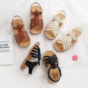 Kids Retro Solid Color Woven Design Velcro Sandals