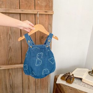 Baby Boys Girls Bear Print Denim Rompers