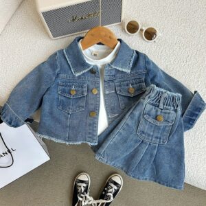 Kids Toddler Big Girls Fashion Casual Retro Denim Long Sleeve Lapel Jacket Skirt Set