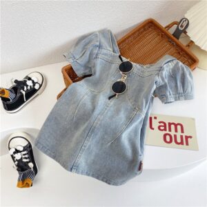 Kids Toddler Girls Fashion Casual Cute Puff Sleeve Denim Dress