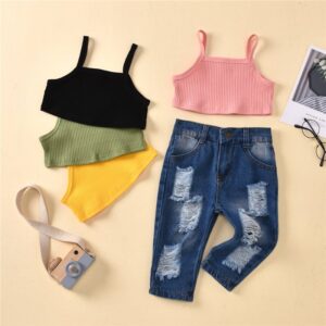 Girl Solid Color Striped Top And ripped Jeans Tow Pieces Set
