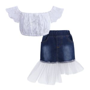 2 Pcs Set Fashion Girl Off-shoulder Tops And Denim Skirts