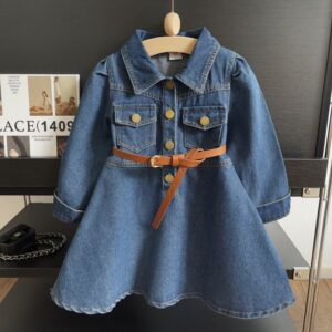 Kids Toddler Girls Casual Fashion Long Sleeve Lapel Denim Dress