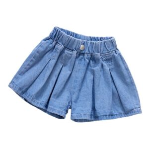Girls Casual Solid Color Pleated Denim Shorts