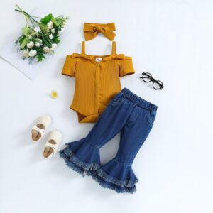 Baby Girl Strap Short-Sleeved One Piece Denim Flared Pants Set