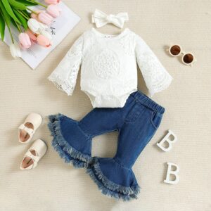 Kid Baby Girl Sweet Trumpet Sleeve Jacquard Lace One Piece Denim Trousers Two-Piece Set
