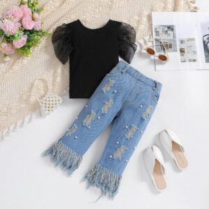 Kids Girls Puff Sleeve Top Beaded Tassel Denim Suit