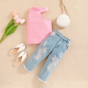 Kids Girls Summer Shoulder Top And Ripped Jeans Two-Piece Set