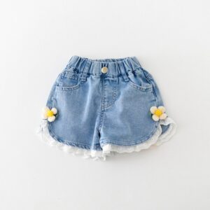 Children Kids Baby Fashion Girls Casual Basic Flower Lace Denim Shorts