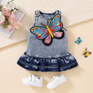 Toddlers Newborn Baby Fashion Girls Sleeveless Butterfly Embroidered Sleeveless Denim Dress