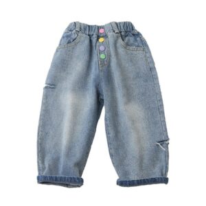 Girls Simple Color Button Design Jeans