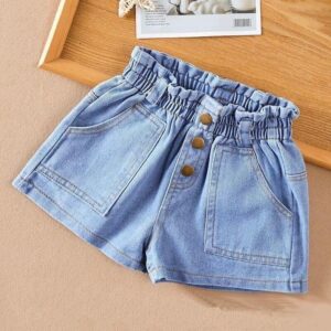 Girls Button Design Solid Color Casual Shorts