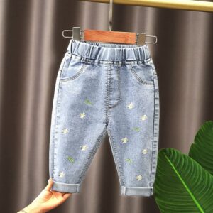 Kids Girls Basic Cartoon Animal Fruit Daisy Pattern Loose Straight Leg Denim Pants