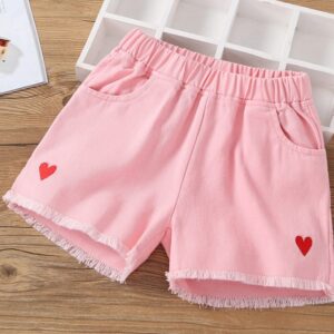 Girls Simple Strawberry Heart Embroidery Shorts