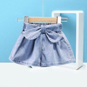 Girls Simple Solid Color Bowknot Decor Denim Shorts