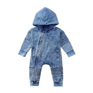 Kids Long-sleeves Zipper Design Hooded Denim Jumpsuit