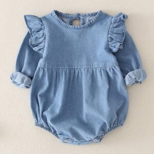 Kids Lapel Single Row Button Solid Color One Piece Rompers