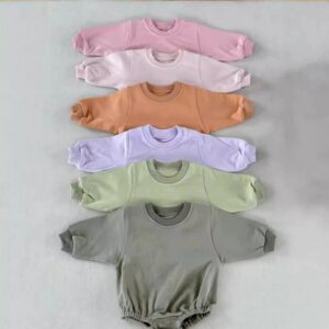 Kids Baby Boys And Girls Fashion Simple Solid Color Round-Neck Long-Sleeve Rompers