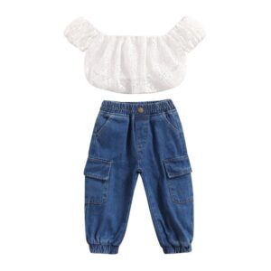 Girls Simple Solid Color Short Sleeve Hollow Out Top And Denim Pants Set