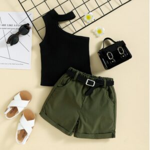 Kids Girls Edgy Solid Color Slanted Shoulder Halt Sleeveless Top And Shorts Two-piece Set