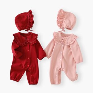 Baby Girl Fashion Autumn Fleece-Lined Solid Color Lapel Long-Sleeve Jumpsuit Hat Two-Piece Set