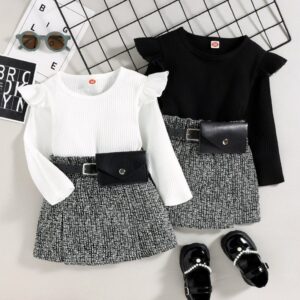 Children Kids Toddlers Girls Solid Color Long Sleeves Top And Skirt 2pcs Set